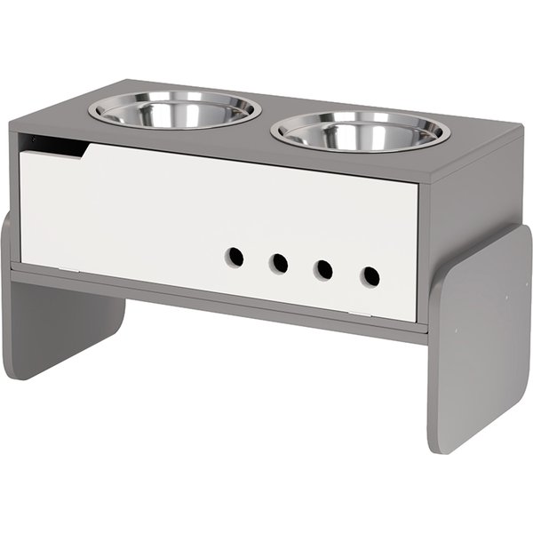 PawHut Hundenapf erhöht, 3 Stufig Höhenverstellbar Futternapf für Hunde mit Stauraum, Anti-Schling-Matte, Fressnapf mit 2 x 2L Edelstahl-Schüsseln, für mittelgroße bis extra große Hunde, Grau Aosom