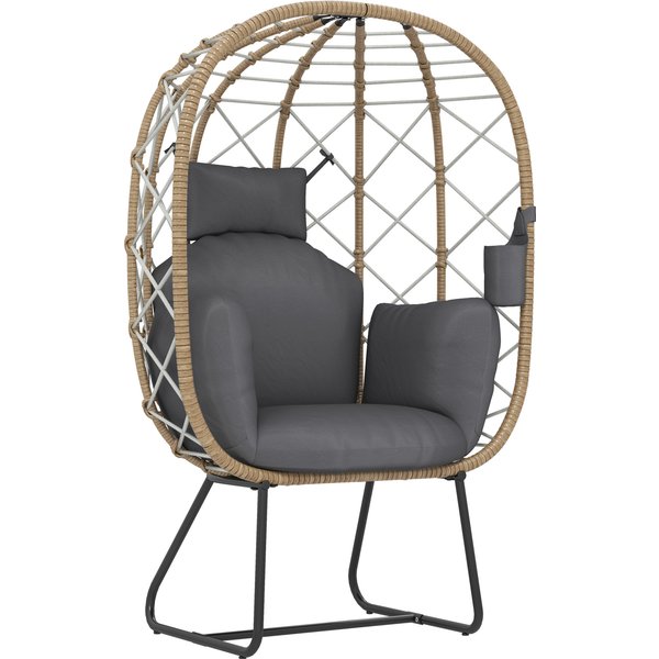 Outsunny Rattan Egg Chair Outdoor Indoor Wicker Chair with Thickened Cushion and Headrest, Cup Holder, Metal Frame for Patio, Balcony, Brown | Aosom Ireland