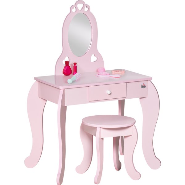 HOMCOM Kids Vanity Table & Stool Girls Dressing Set Make Up Desk Chair Dresser Play Set with Mirror Pink Aosom UK