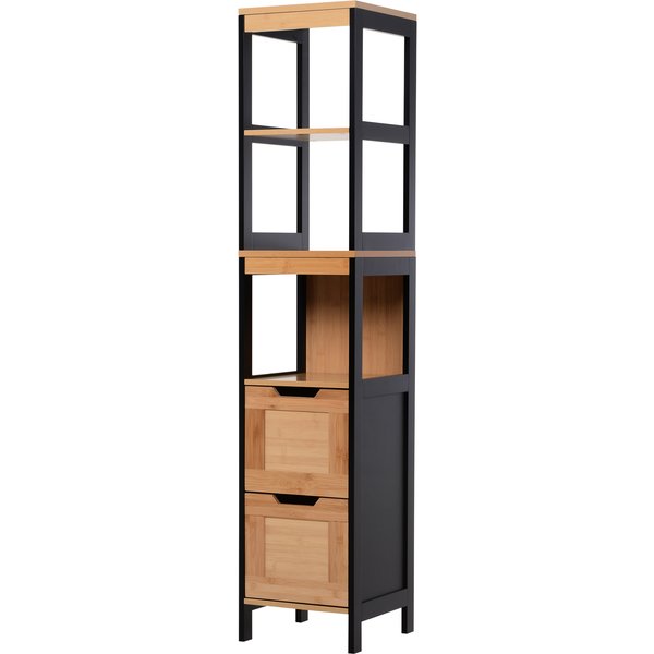 Kleankin Meuble Colonne Rangement Salle De Bain Style Cosy Dim. 30L X 30L X 144H Cm 3 éTagèRes 2 Tiroirs Bambou Mdf Noir-image