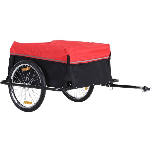 Homcom Remorque De Transport VéLo Cargo Avec RéFlecteurs Et Housse Amovible 140 X 88 X 60 Cm Rouge Noir-image