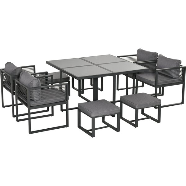 Outsunny 8 Seater Garden Dining Cube Set Aluminium Outdoor Furniture Set Dining Table, 4 Chairs and 4 Footstools with Cushion, Grey
