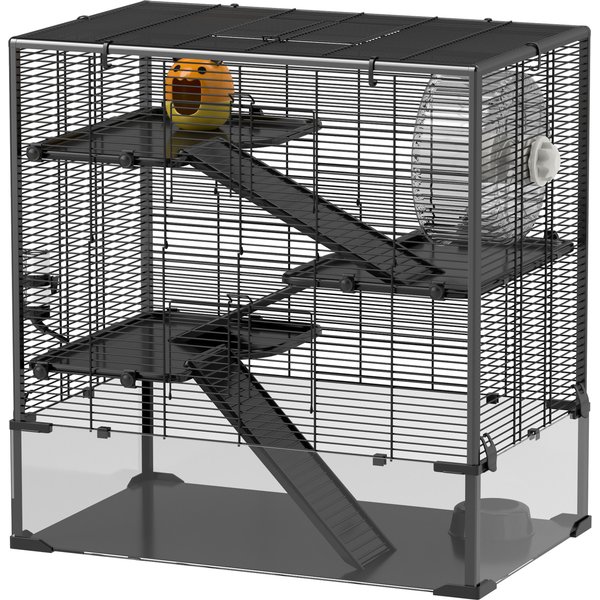 PawHut Hamsterkäfig für Zwerghamster, 4-stufiges Nagerkäfig mit Glasboden, Hütte, Laufrad, Rampen, Futterschale, Kleintierkäfig Zwerghamsterkäfig 78,5 x 48,5 x 80 cm Schwarz Aosom