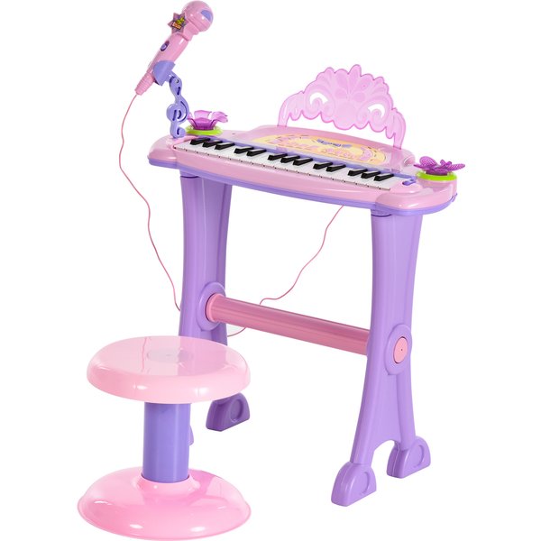 HOMCOM Electronic Organ for Kids, Mini Piano with Microphone and Stool, Interactive Music Play, Purple/Pink Aosom UK