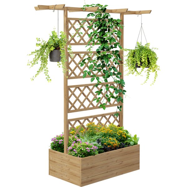 Outsunny Wooden Planter Box with Decorative Trellis, Raised Garden Bed for Climbing Plants, Natural Tone Aosom UK