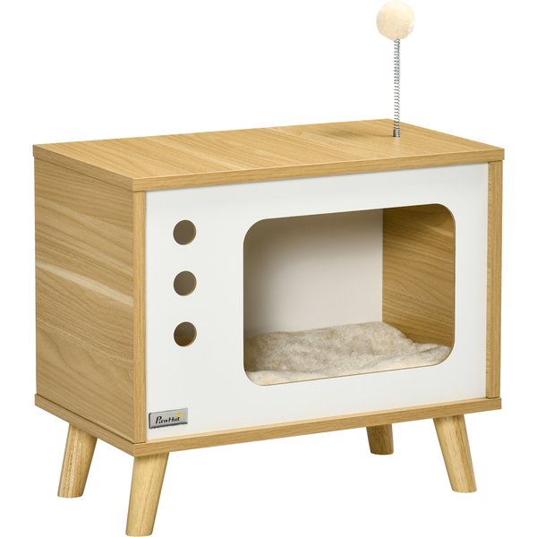 Pawhut Maison Niche Pour Chat Forme De Tv Avec Coussin Douillet Et Balle Rebondissante - 50 X 28 X 43 Cm-image