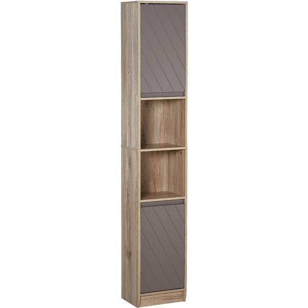 Homcom Meuble De Salle De Bain Armoire De Rangement 2 ÉTagèRes Ouvertes 2 Armoires Mdf 30 X 24 X 170 Cm Gris Et ChêNe Aosom France-image