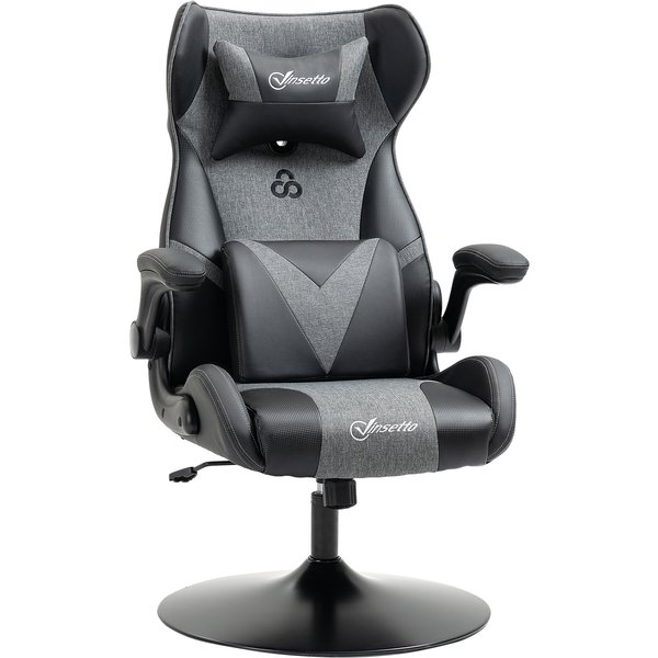 Vinsetto Chaise De Gaming Ergonomique Avec Base Ronde Hauteur RéGlable Accoudoir Relevable Coussins TéTièRe Et Lombaires PU Gris Noir-image