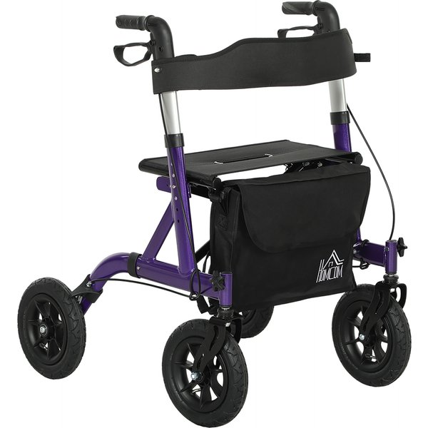 HOMCOM Folding Rollator Walker with Seat, Backrest, Dual Brakes, All-terrain Wheels, Adjustable Handle Height, 4 Wheeled Walker, Purple | Aosom Ireland