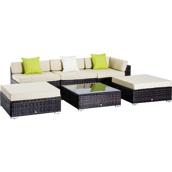 Outsunny 5-Seater Rattan Sofa Coffee Table Set Sectional Wicker Weave Furniture for Garden Outdoor Conservatory w/ Pillow Cushion Brown Aosom UK