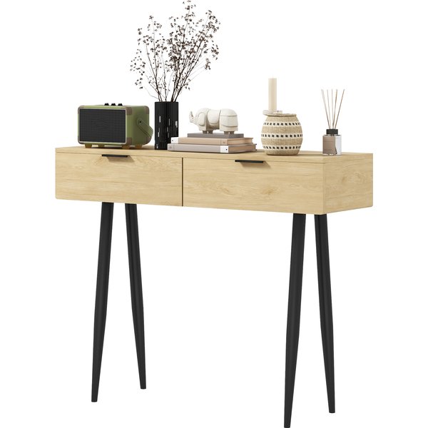 Homcom Table Console Style Nordique Table D'entréE éTroite Avec 2 Tiroirs Et Pieds En Acier Pour Salon, EntréE, Couloir, ChêNe-image