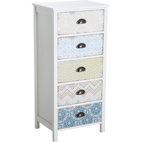 Homcom Chiffonnier Meuble De Rangement Style NéO-RéTro Graphique 5 Tiroirs Mdf Bois 46 X 34 X 98 Cm Blanc-image