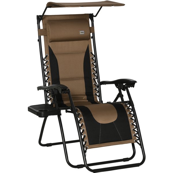 Outsunny Zero Gravity Recliner Chair, Foldable Patio Lounger with Sunshade, Drink Holder & Cushion for Outdoor, Camping, Brown