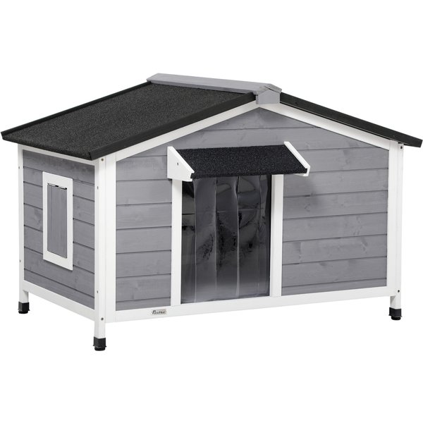 Pawhut Niche Pour Chien En Bois Toit Bitumé Ouvrant Avec Pieds SuréLevéS Et 2 FenêTres 109 X 79 X 72 Cm Gris Aosom France-image