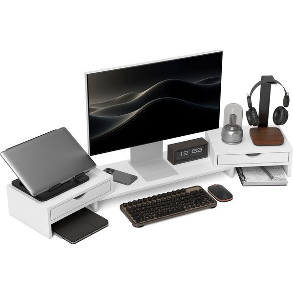 HOMCOM Dual Monitor Stand Riser with 2 Drawers, Adjustable Length and Angle, 116cm Monitor Riser for Laptop, Computer, PC, Small Printer, White