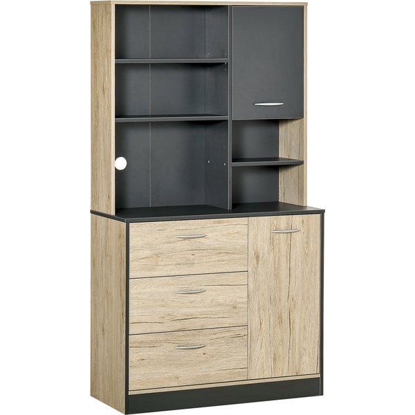 Homcom Buffet De Cuisine Armoire De Cuisine Multi-Rangements 2 Portes 3 Tiroirs 3 EtagèRes Grand Plateau 90 X 39 X 169 Cm Bricolore ChêNe Clair Noir-image