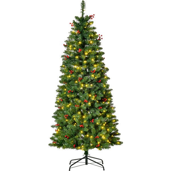 HOMCOM 5FT Prelit Artificial Pencil Christmas Tree with Warm White LED Light, Red Berry, Holiday Home Xmas Decoration, Green | Aosom Ireland