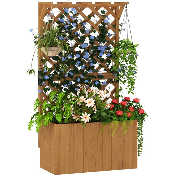 Outsunny Wooden Planter with Trellis, Freestanding Raised Garden Bed with Drainage Holes, Outdoor Planter Box with Liner for Vegetables, Herbs and Flowers, Natural| Aosom Ireland