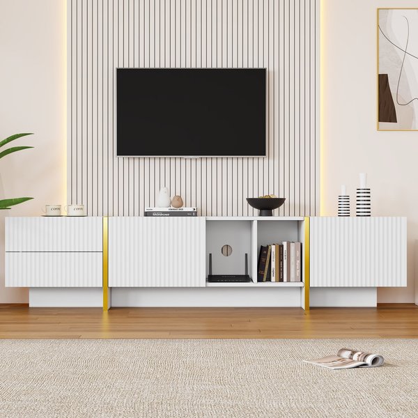 Modern TV Cabinet with Storage Cabinet and Open Shelves for 85-Inch TV, Entertainment Centre for Living Room, 190L x 35W x 45H cm, White+Gold Aosom.UK