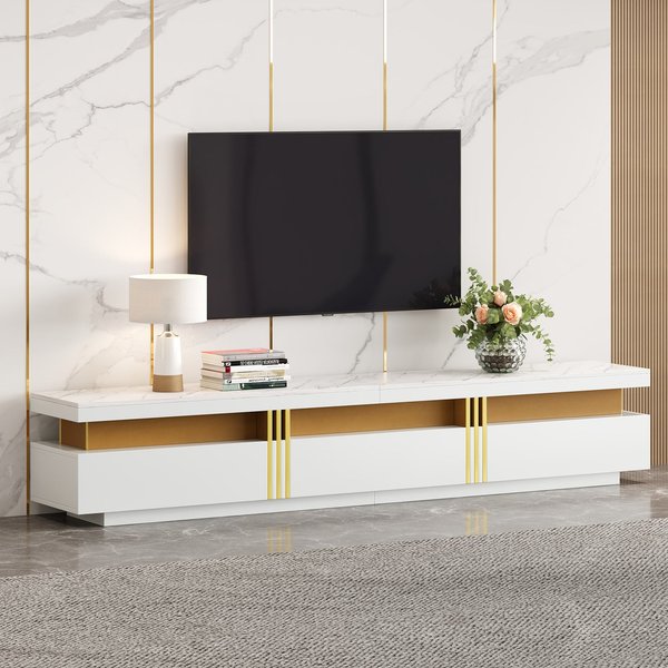 Luxury TV Stand with 3 Drawers and Faux Marble Top for 89-Inch TV, Entertainment Centre with Golden Panel Design, 200L x 40W x 42H cm, White Aosom.UK