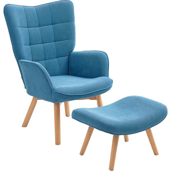 HOMCOM Accent Chair with Ottoman, Armchairr in Corduroy Look with Wooden Legs, for Living Room, Blue | Aosom Ireland