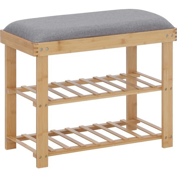 Homcom Banc à Chaussures 2 éTagèRes Bambou Coussin Gris Dim. 60L X 29L X 50H Cm-image
