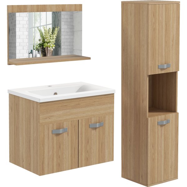 Kleankin Ensemble De Meubles De Salle De Bain Armoire Miroir + Meuble Sous Lavabo Suspendu Avec Bassin + Meuble Colonne Naturel-image