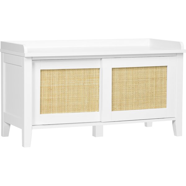 Homcom Banc à Chaussures Meuble De Rangement Avec Porte Coulissante Et FaçAdes Rotin Tissé 80 X 35 X 45 Cm Blanc-image