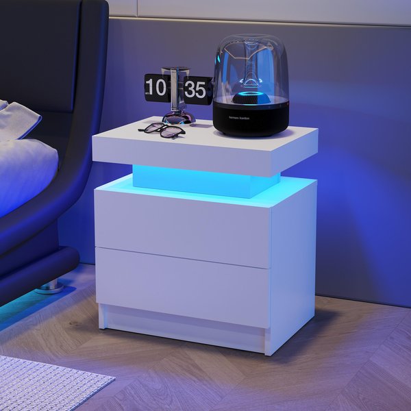 Multi-Functional LED Nightstand with Adjustable Lights, 2 Drawers, Modern Bedside Table for Bedroom, Living Room, 49L x 35W x 52H cm, White Aosom.UK