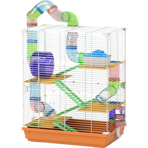 PawHut Käfig für Hamster Nagetier 4 Etagen mit Tunneln Futternapf Laufrad Häuschen Leitern Ø 46 x 30 x 58 cm Orange Aosom