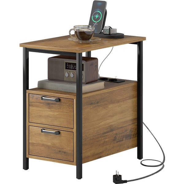 HOMCOM Beistelltisch, Nachttisch, mit 2 Steckdosen, USB-Anschluss, Typ C, 2 Schubladen und Regal, 143 cm Kabel, Metallrahmen, Naturholz Aosom