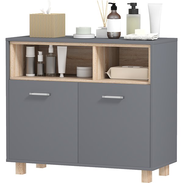 HOMCOM Badezimmerschrank Aufbewahrung, modernes Design mit offenen Fächern und Doppeltüren, Badezimmerschrank, Wohnzimmer, Küche - 80 B x 35 T x 70 H cm, Grau Aosom