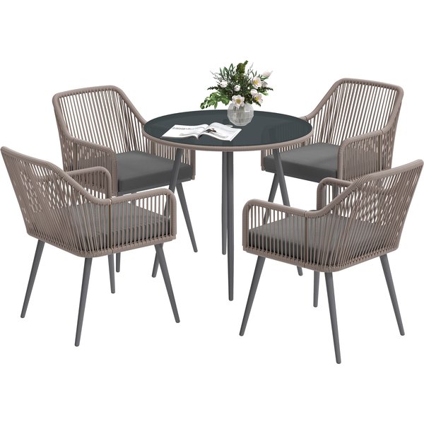 Outsunny 4 Seater Rattan Dining Set, Rattan Garden Furniture Set with Parasol Hole, Cushions, Glass Top Table for Patio, Balcony, Light Brown | Aosom Ireland