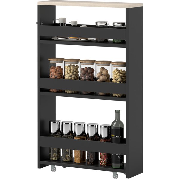 kleankin Wagen mit 3 Ebenen Aufbewahrungswagen Regal auf Rollen für schmale Küche Badezimmer Waschküche Büro mit Griff - 48 x 15 x 80 cm Schwarz Aosom