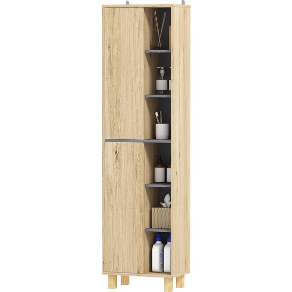 HOMCOM Badezimmer Hochschrank, Badezimmerschrank mit 6 offenen Fächern und 2 Schränken, dim. 40 B x 24 T x 148 H cm, natürliche Holzoptik Aosom