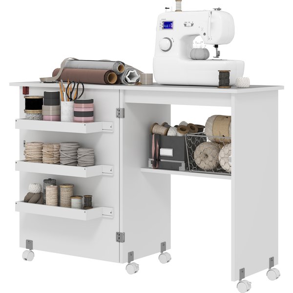 HOMCOM Klappbarer Nähtisch mit Aufbewahrungsfächern, offenem Regal und Rollen, Nähtisch für Nähmaschine, für Wohnzimmer, Büro, Studio, Abm. 118 x 40 x 79,5 cm, Weiß Aosom