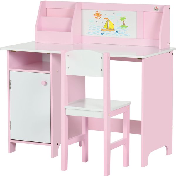 HOMCOM Kinder-Schreibtisch-Set mit Whiteboard - Schreibtisch für Kinder +5 Jahre 90L x 45B x 85H cm Rosa Aosom