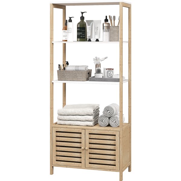 HOMCOM Badezimmerschrank mit 3 Regalen Hochschrank aus Bambus 1 Schrank mit Lamellentüren Erhöhte Basis 63 x 30 x 138 cm Naturholz und Weiß Aosom
