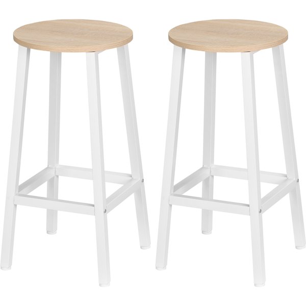 HOMCOM Set mit 2 Barhockern, Barhocker, hohe Küchenhocker 65H cm mit Fußstütze, Stahlgestell, Weiß und Naturholz Aosom