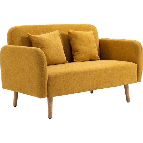Homcom Canapé 2 Places Avec 2 Coussins, Canapé Double Rembourré, Canapé En Velours Avec Accoudoir, Causeuse Pour Salon, Chambre, 130 X 70 X 80 Cm, Jaune-image
