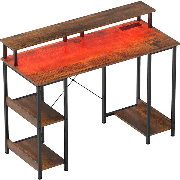 HOMCOM Computer Desk with Power Outlets and LED Lights, 120 x 50cm Reversible Home Office Desk with Monitor Stand and 2-Tier Shelves, Rustic Brown