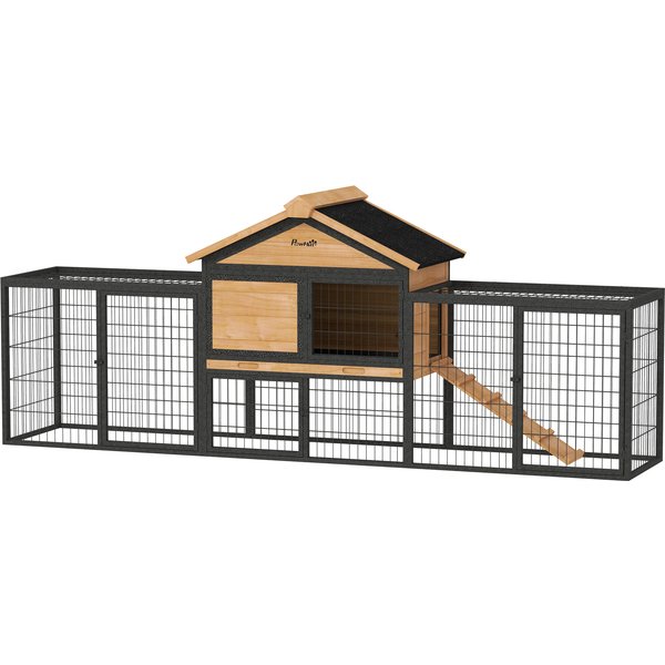 PawHut Hasenstall 2 Ebenen mit Satteldach Kaninchenstall aus Vollholz Deutscher Widder Doppelstockhaus mit Freilaufgehege 217x53x86 cm Kaninchenkäfig Outdoor Kleintierstall für Hasen Kaninchen Gelb Aosom