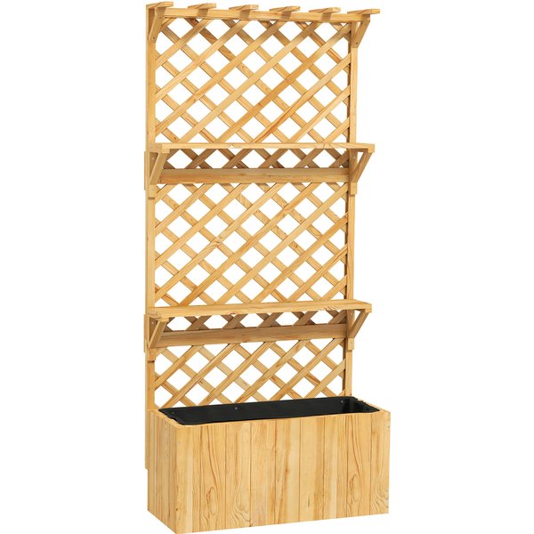 Outsunny JardinièRe Avec Treillis Lit SuréLevé De Jardin En Bois Avec Toit Suspendu, Trous De Drainage Et Doublure, Naturel-image