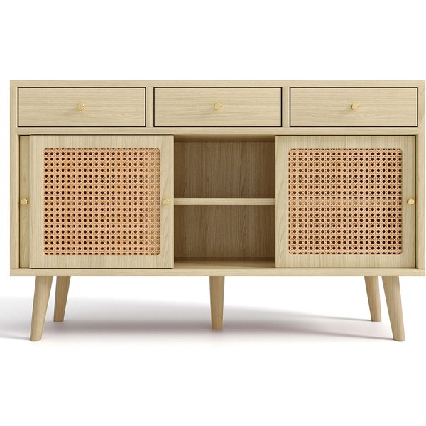 Küchenschrank, Sideboard mit 3 Schubladen und 3 Schiebetüren, Verstellbare Ablagen, Rattangeflecht, bis 70 kg, 120 × 40 × 78 cm, Naturfarbe