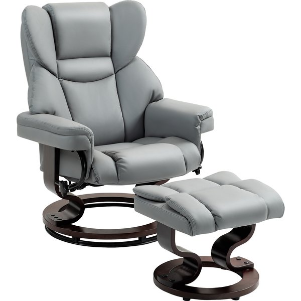 Faux Leather Recliner Chair and Footstool, HOMCOM Swivel Upholstered Armchair w/ Adjustable Backrest, Wood Base, Light Grey Aosom UK