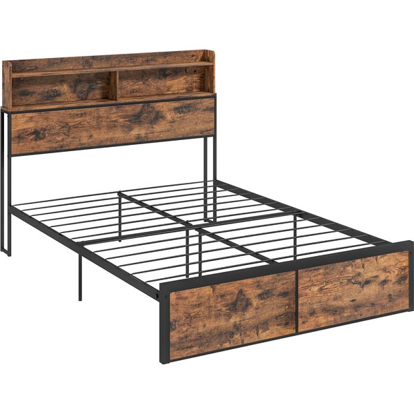 HOMCOM Industrial Double Bed Frame with Storage Headboard and Under Bed Space, Steel Bed Base, Rustic Brown Aosom UK