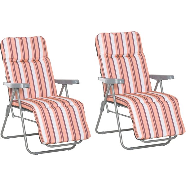 Outsunny Set of 2 Garden Sun Lounger Outdoor Reclining Seat Cushioned Seat Foldable Adjustable Recliner Orange and White