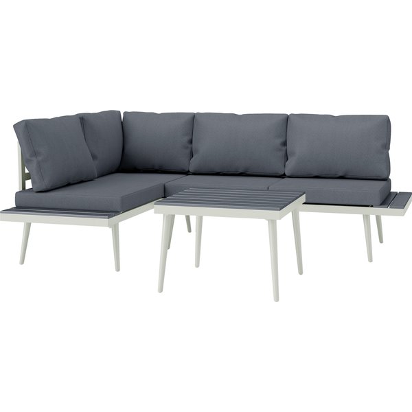 Outsunny 3 Piece Garden Furniture Set with 5-Level Adjustable Lounger, L Shaped Garden Corner Sofa with Cushions, Mesh Seat, Slatted Wood-Grain Table, Outdoor Furniture Set for Conservatory, Grey