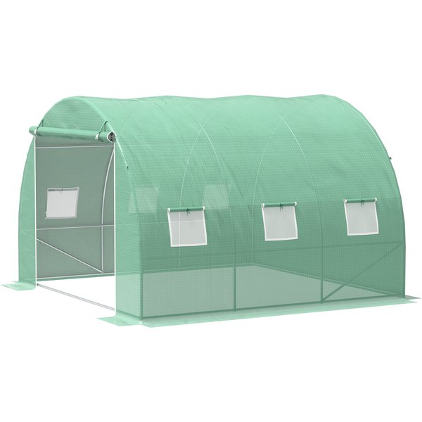 Outsunny Garten-Gewächshaus 9 m², Garten-Tunnelgewächshaus 3 x 3 x 2 m mit aufrollbarer Tür und 6 Gitterfenstern, Gewächshaus aus Stahl und hochdichtem PE, UV-beständig, Grün Aosom