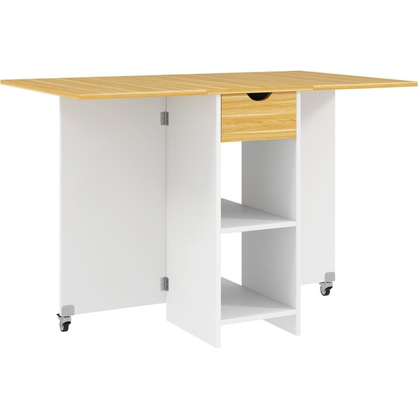 HOMCOM Klappbarer Esstisch, Klapptisch für 2-4 Personen, Moderner Platzsparender Küchentisch mit Schublade, 2 Regale und 2 Rollen, aus Holz, 114,5x70x75 cm, Eiche Aosom